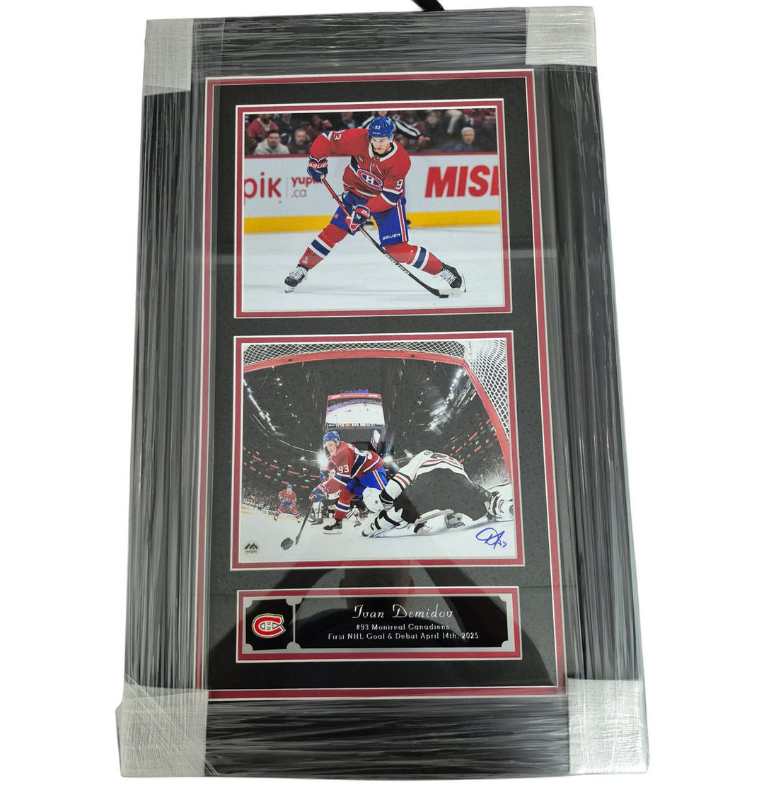 Photo 8x10 encadrée et autographiée - Ivan Demidov premier but dans la LNH, vue du filet et tir Ajs coa