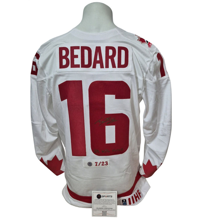 Official Nike signed jersey - Connor Bedard 2023 WCJ white inscribed 23 WJC Gold and limited edition /23 AJs coa