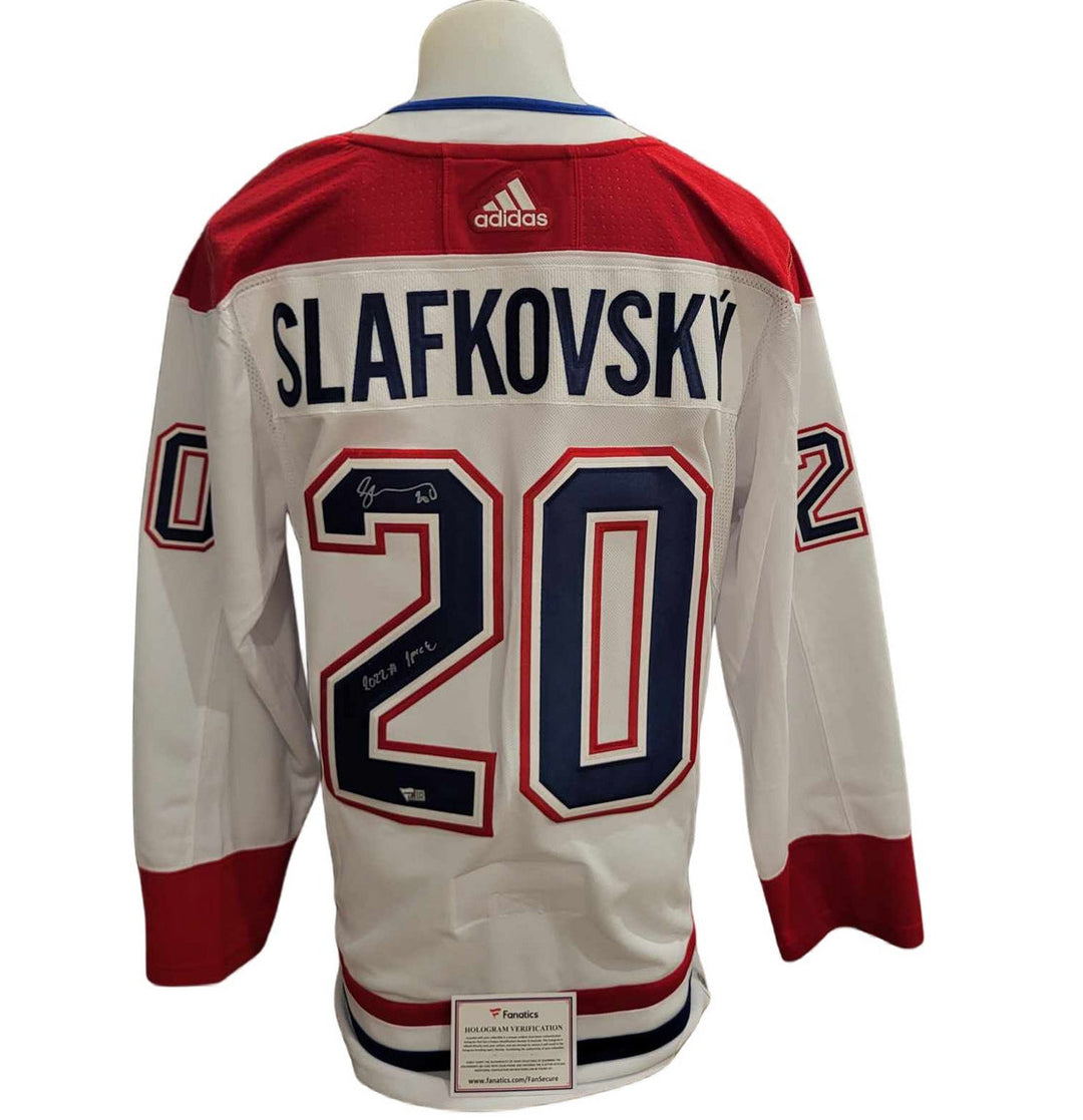 Chandail officiel Adidas signé - Juraj Slafkovsky away inscrit Fanatics coa